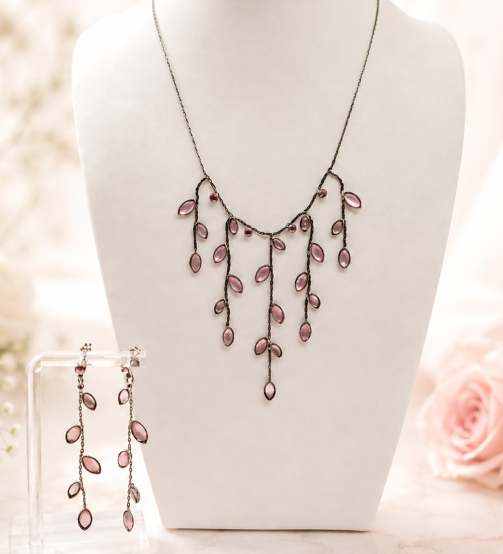 Kristina Collection Elowen Rose Garden Necklace Earrings Set Bohemian Glass 290B